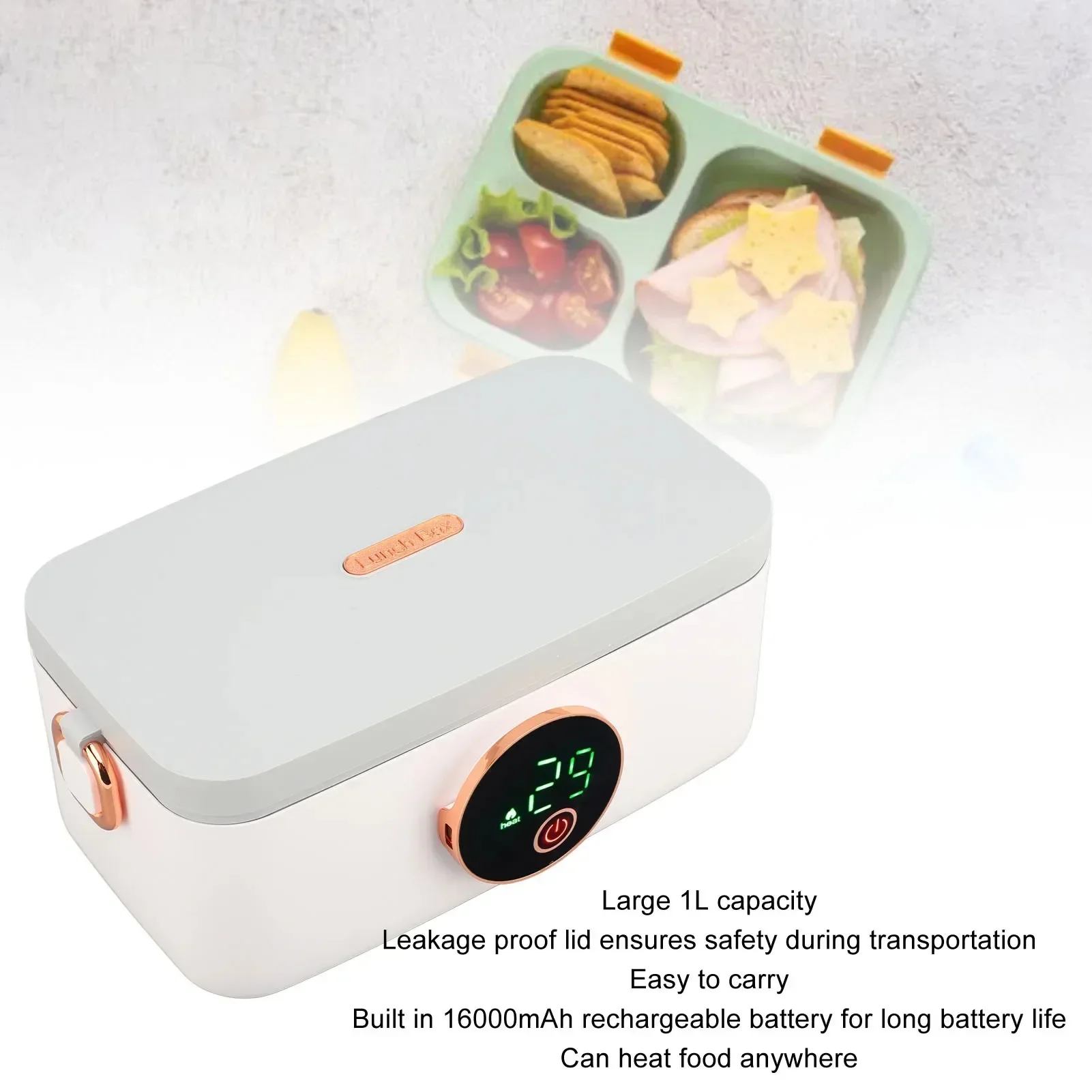 Przenośne Pudełko do Podgrzewania Lunchu 1L, USB, Bezprzewodowe, Wyświetlacz LED, Typ-C 🍱
